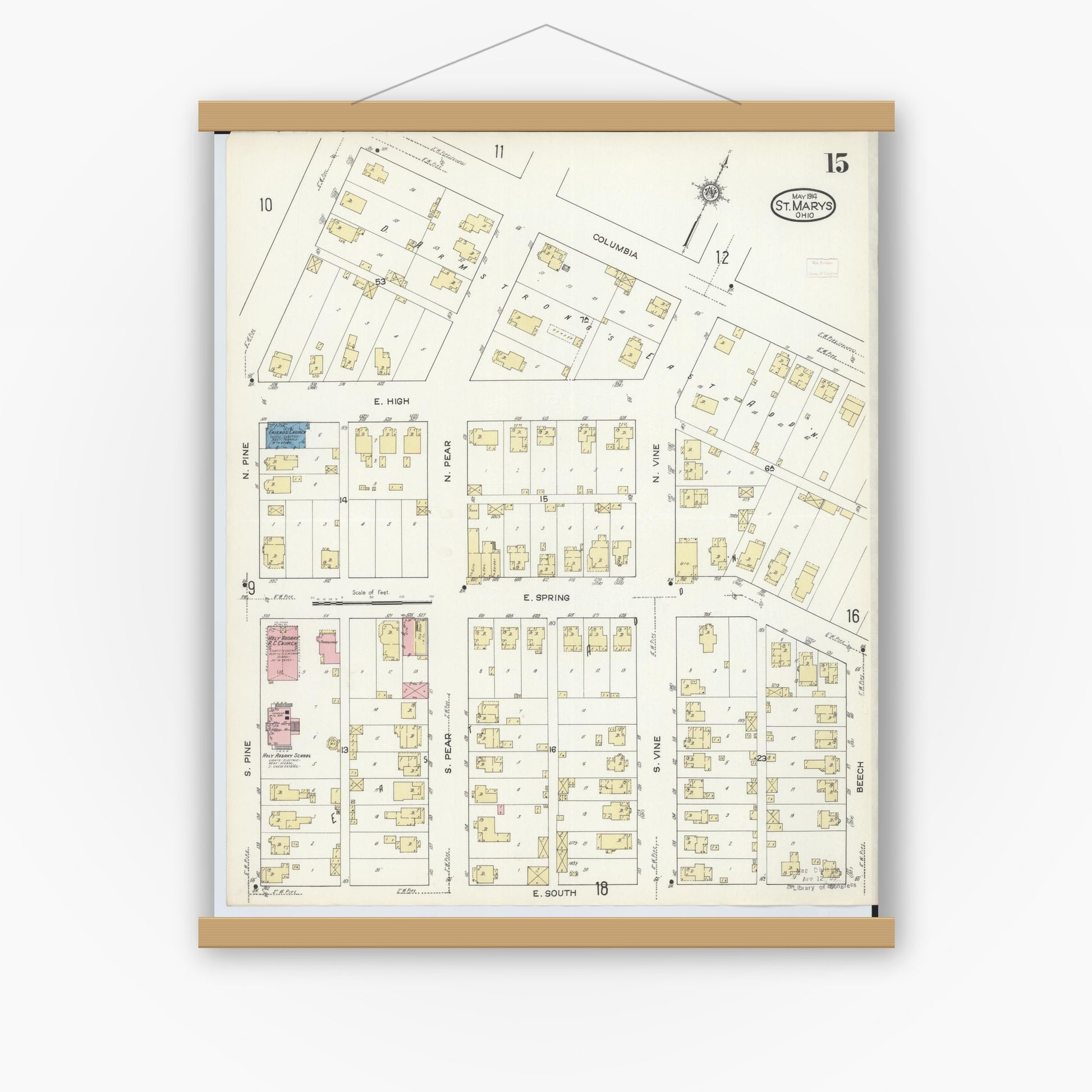 Old map wall art mockup — magnetic wood frame on white wall — Sanborn Fire Insurance Map from Saint Marys, Auglaize County, Ohio (1914), Sheet #0015