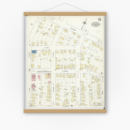Old map wall art mockup — magnetic wood frame on white wall — Sanborn Fire Insurance Map from Saint Marys, Auglaize County, Ohio (1914), Sheet #0015