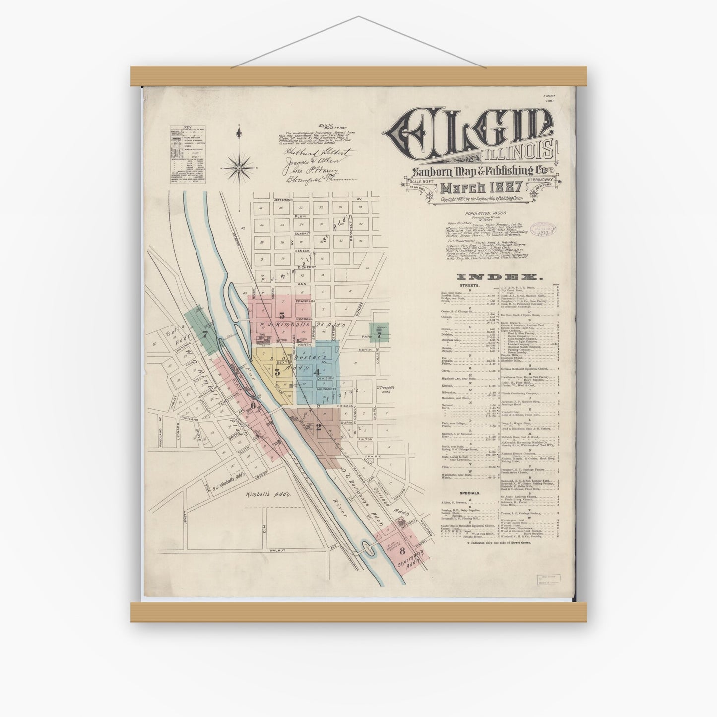 Old map wall art mockup — magnetic wood frame on white wall — Sanborn Fire Insurance Map from Elgin, Kane County, Illinois (1887) - Complete Map Set