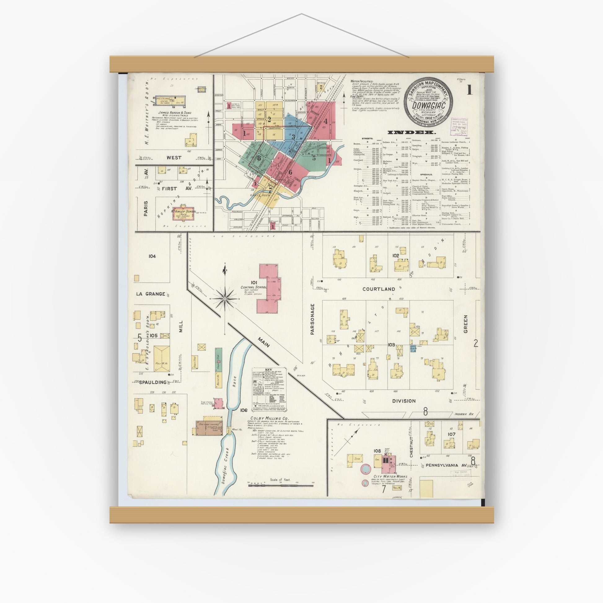 Old map wall art mockup — magnetic wood frame on white wall — Sanborn Fire Insurance Map from Dowagiac, Cass County, Michigan (1908) - Complete Map Set