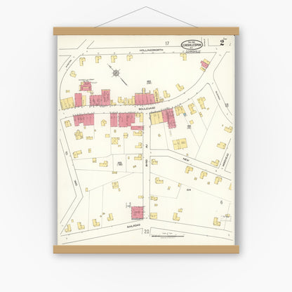 Old map wall art mockup — magnetic wood frame on white wall — Sanborn Fire Insurance Map from Leaksville-spray, Rockingham County, North Carolina (1921), Sheet #0002