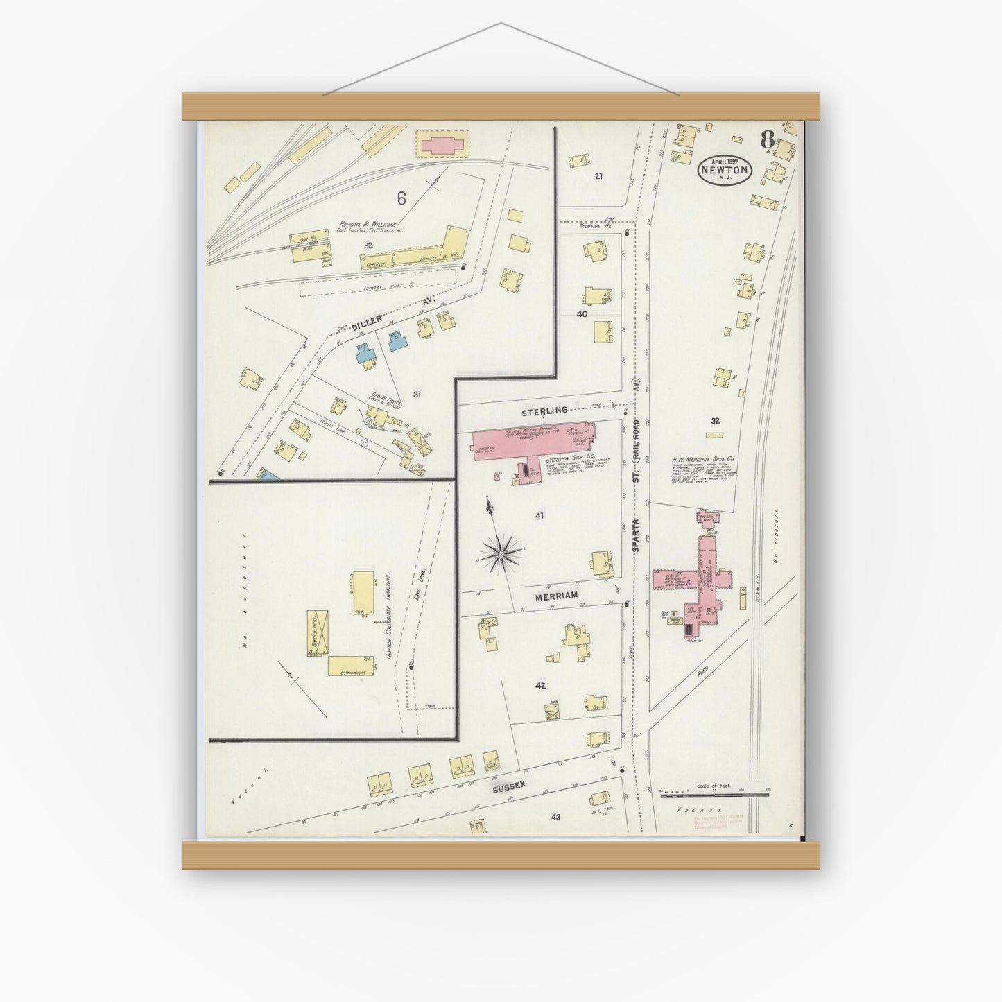 Old map wall art mockup — magnetic wood frame on white wall — Sanborn Fire Insurance Map from Newton, Sussex County, New Jersey (1897), Sheet #0008
