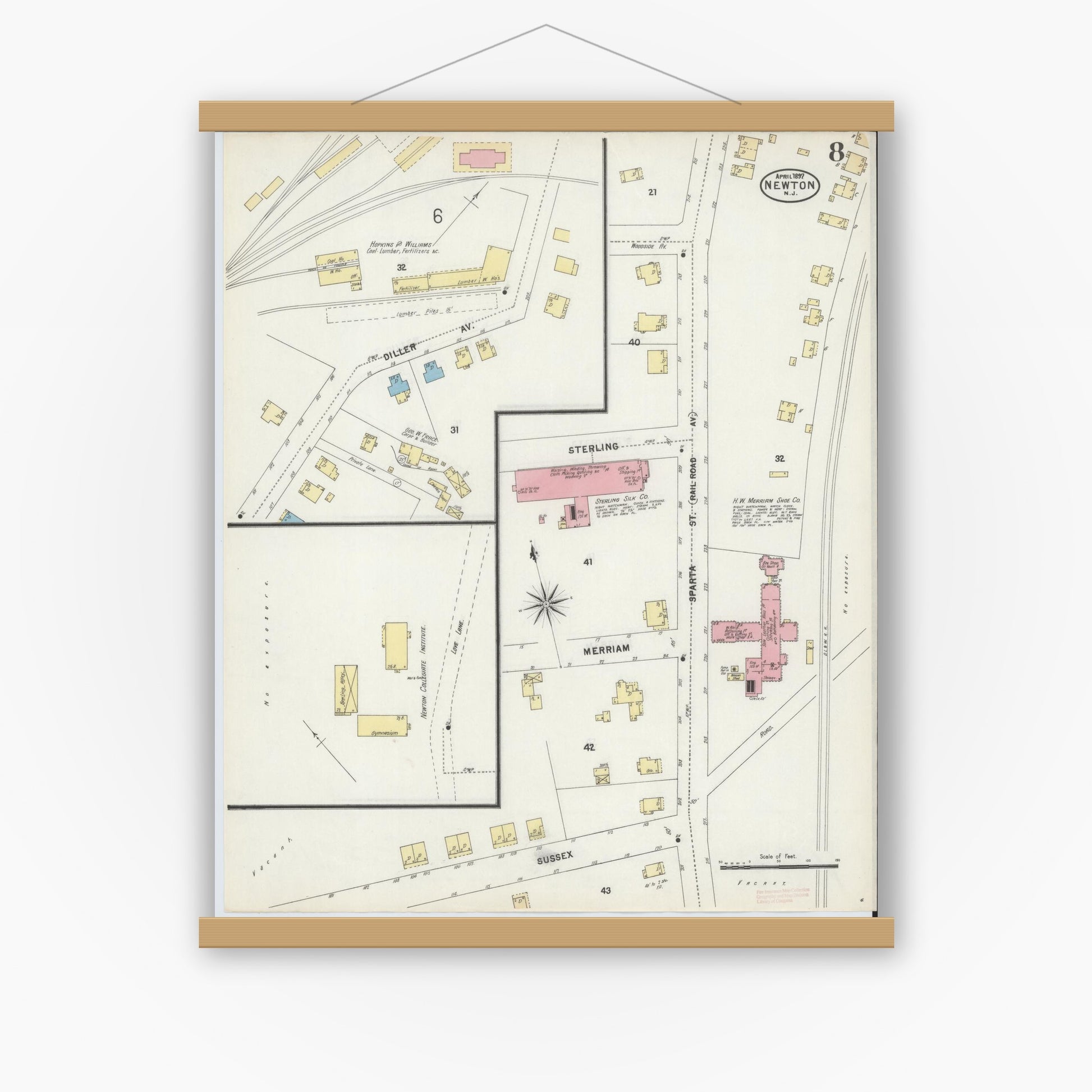 Old map wall art mockup — magnetic wood frame on white wall — Sanborn Fire Insurance Map from Newton, Sussex County, New Jersey (1897), Sheet #0008