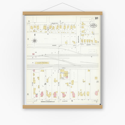 Old map wall art mockup — magnetic wood frame on white wall — Sanborn Fire Insurance Map from Marion, Marion County, Ohio (1908), Sheet #0010