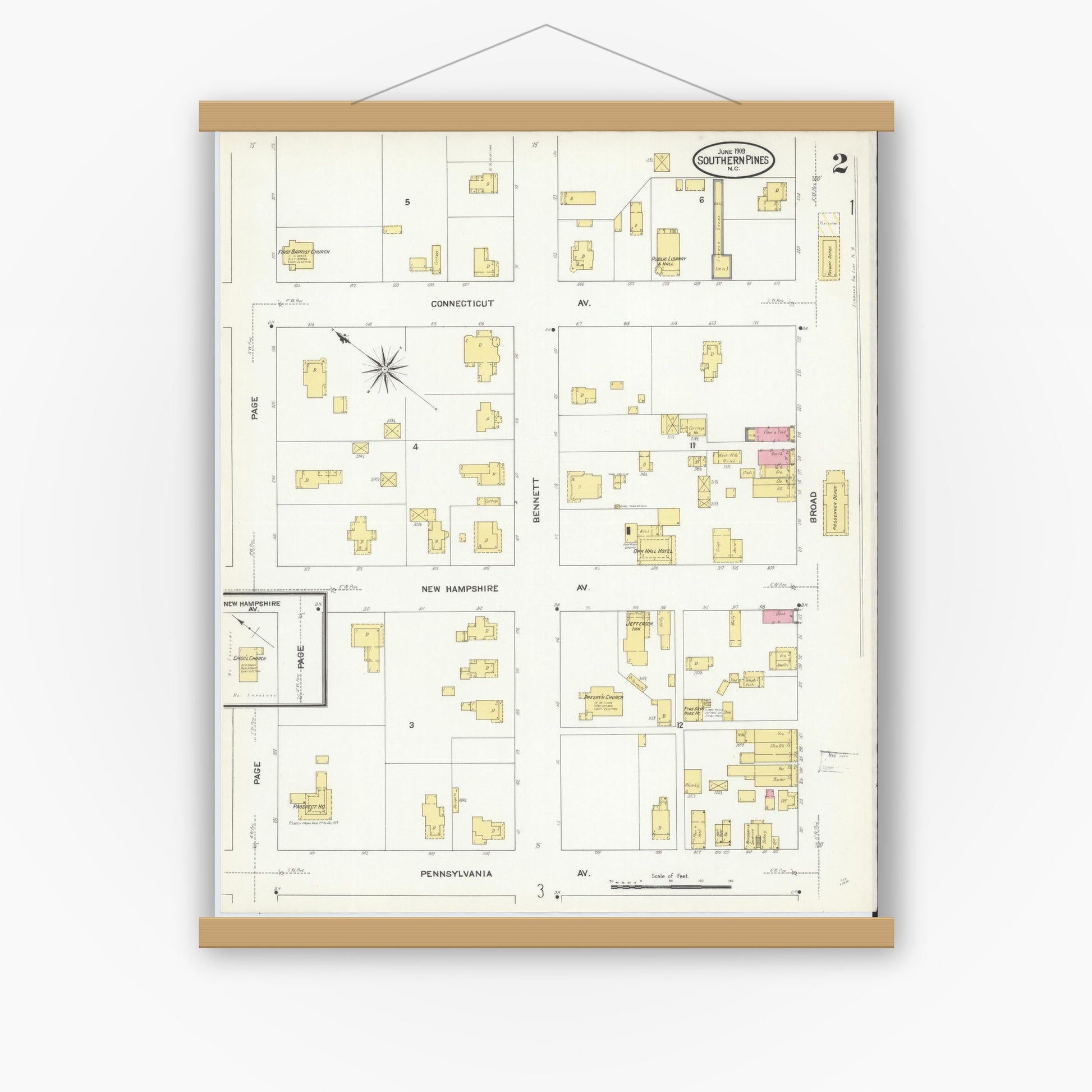 Old map wall art mockup — magnetic wood frame on white wall — Sanborn Fire Insurance Map from Southern Pines, Moore County, North Carolina (1909), Sheet #0002
