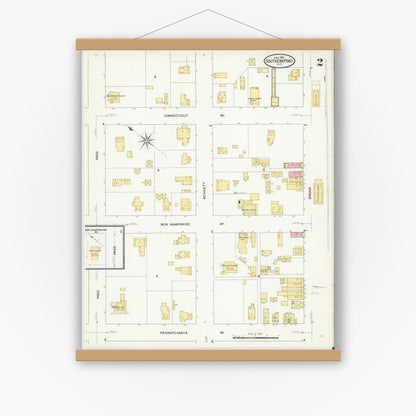 Old map wall art mockup — magnetic wood frame on white wall — Sanborn Fire Insurance Map from Southern Pines, Moore County, North Carolina (1909), Sheet #0002