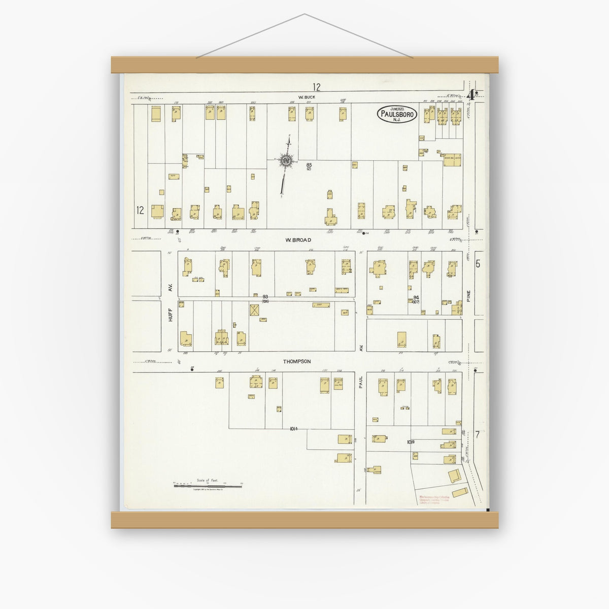 Old map wall art mockup — magnetic wood frame on white wall — Sanborn Fire Insurance Map from Paulsboro, Gloucester County, New Jersey (1920), Sheet #0004