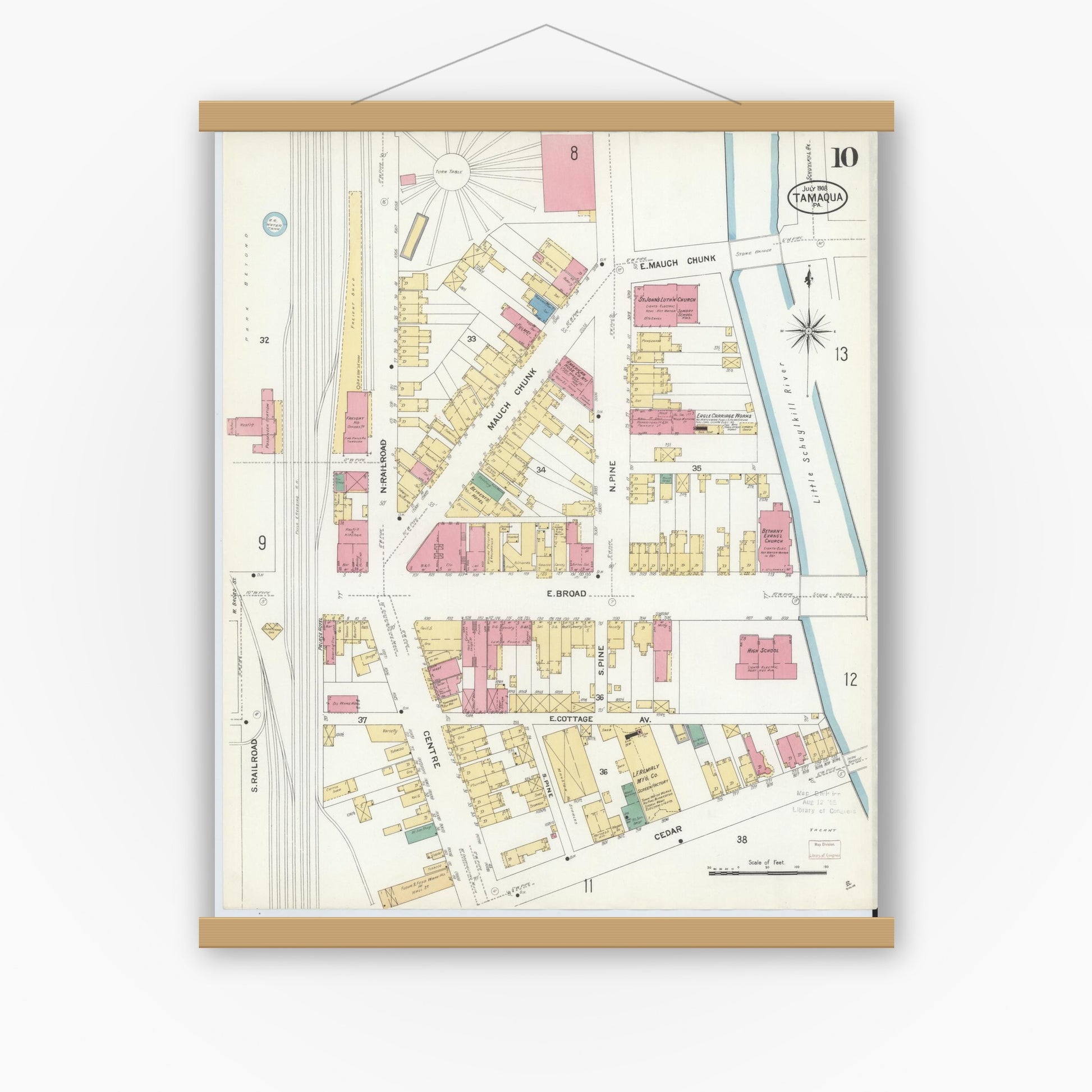 Old map wall art mockup — magnetic wood frame on white wall — Sanborn Fire Insurance Map from Tamaqua, Schuylkill County, Pennsylvania (1908), Sheet #0010