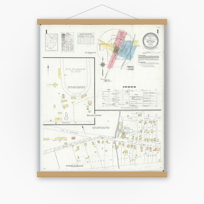 Old map wall art mockup — magnetic wood frame on white wall — Sanborn Fire Insurance Map from Attica, Seneca County, Ohio (1938) - Complete Map Set