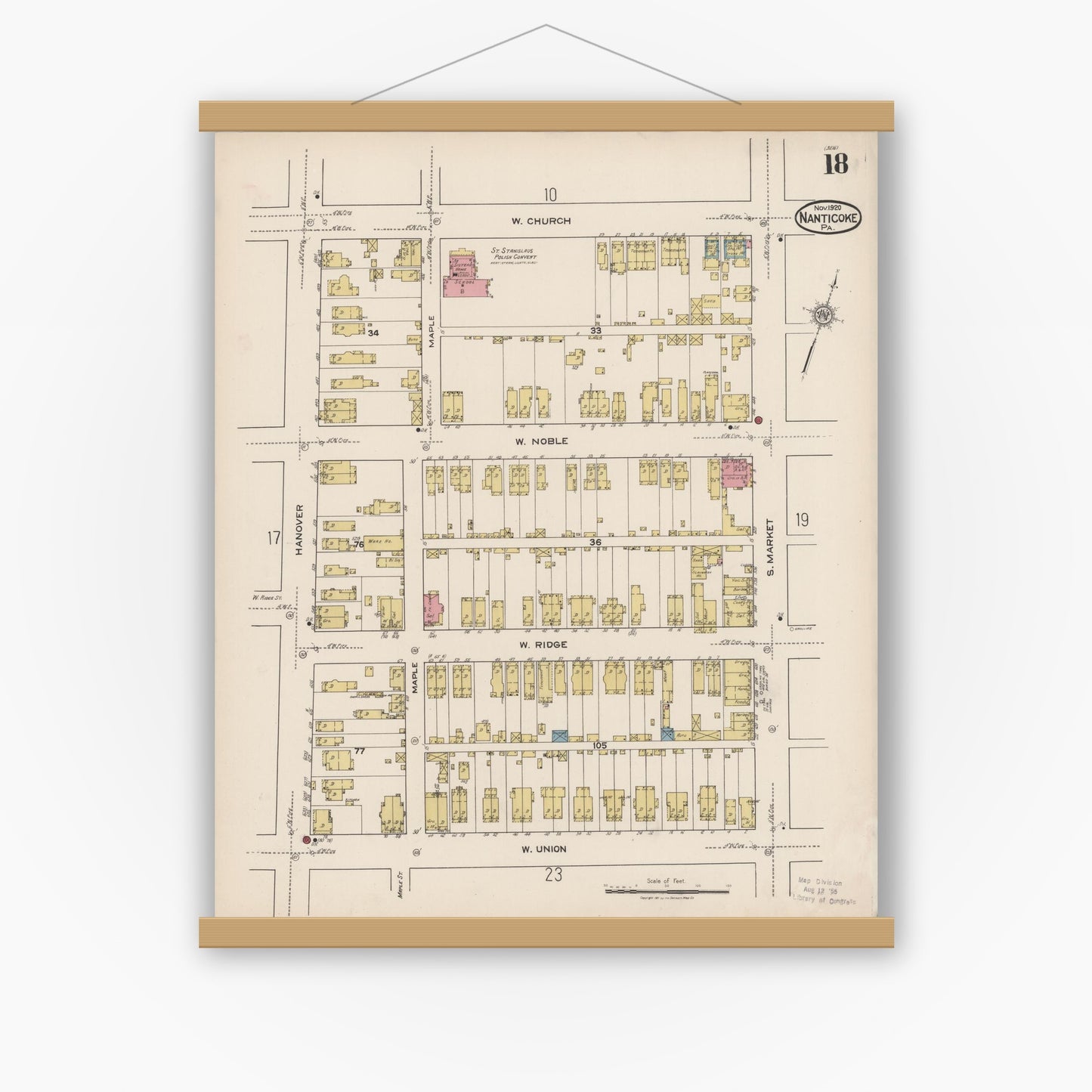 Old map wall art mockup — magnetic wood frame on white wall — Sanborn Fire Insurance Map from Nanticoke, Luzerne County, Pennsylvania (1920), Sheet #0018