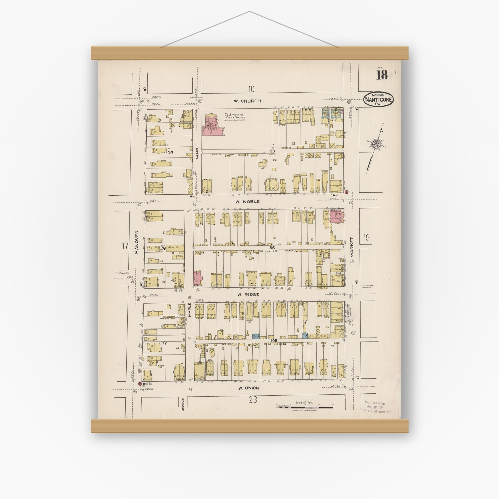 Old map wall art mockup — magnetic wood frame on white wall — Sanborn Fire Insurance Map from Nanticoke, Luzerne County, Pennsylvania (1920), Sheet #0018