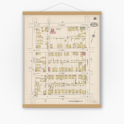 Old map wall art mockup — magnetic wood frame on white wall — Sanborn Fire Insurance Map from Nanticoke, Luzerne County, Pennsylvania (1920), Sheet #0018