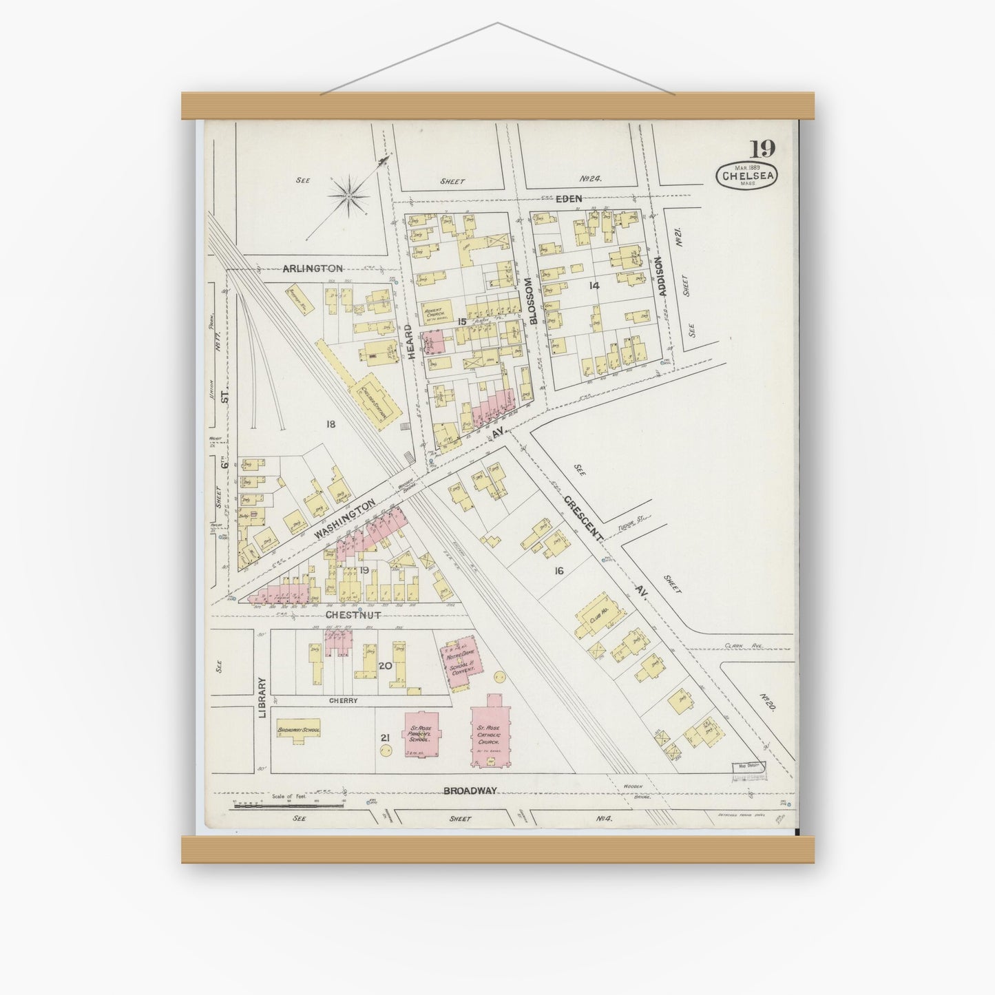 Old map wall art mockup — magnetic wood frame on white wall — Sanborn Fire Insurance Map from Chelsea, Suffolk County, Massachusetts (1889), Sheet #0019