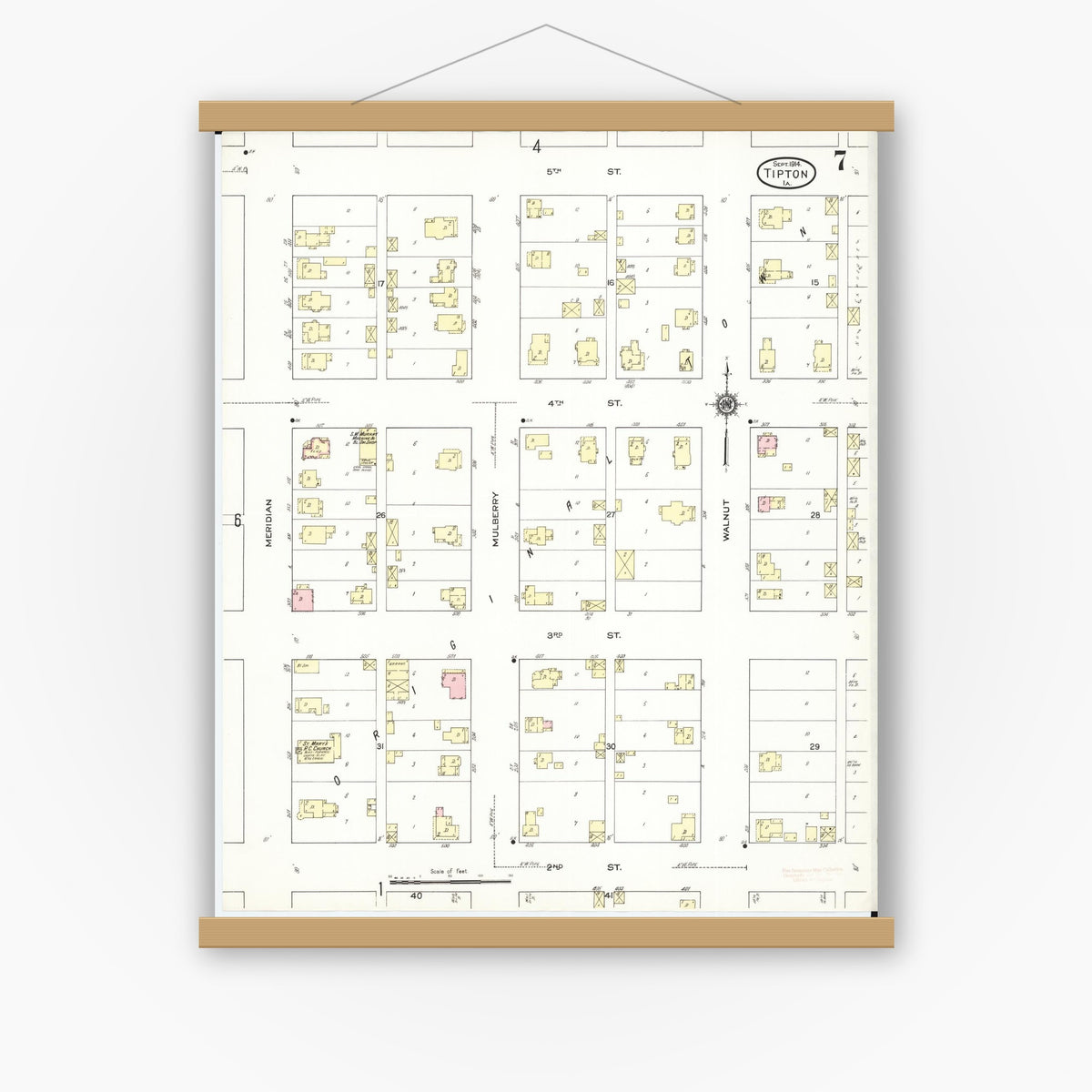 Old map wall art mockup — magnetic wood frame on white wall — Sanborn Fire Insurance Map from Tipton, Cedar County, Iowa (1914), Sheet #0007