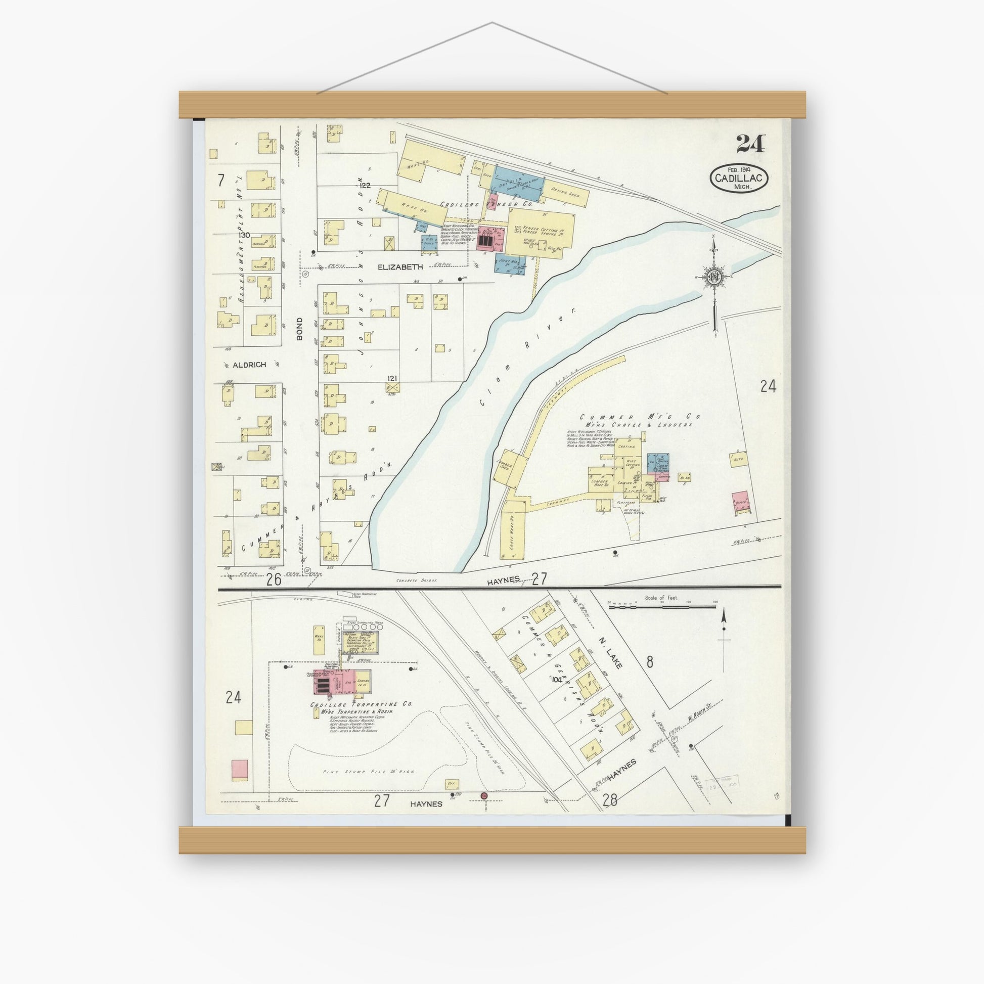 Old map wall art mockup — magnetic wood frame on white wall — Sanborn Fire Insurance Map from Cadillac, Wexford County, Michigan (1914), Sheet #0024