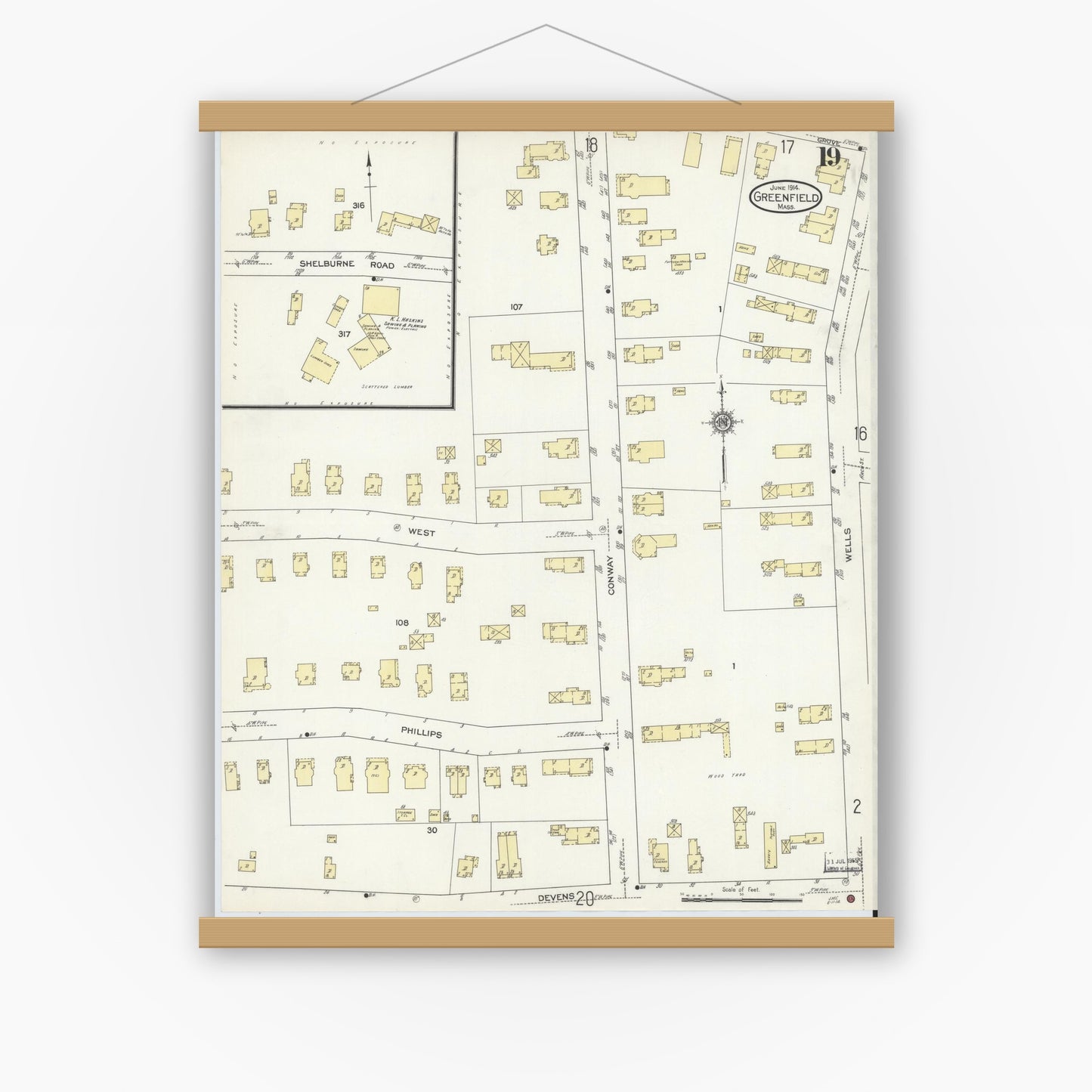 Old map wall art mockup — magnetic wood frame on white wall — Sanborn Fire Insurance Map from Greenfield, Franklin County, Massachusetts (1914), Sheet #0019