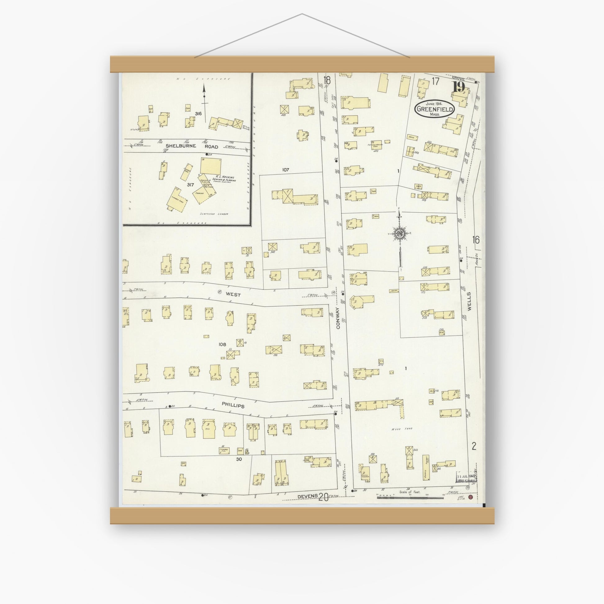 Old map wall art mockup — magnetic wood frame on white wall — Sanborn Fire Insurance Map from Greenfield, Franklin County, Massachusetts (1914), Sheet #0019