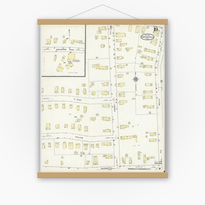 Old map wall art mockup — magnetic wood frame on white wall — Sanborn Fire Insurance Map from Greenfield, Franklin County, Massachusetts (1914), Sheet #0019
