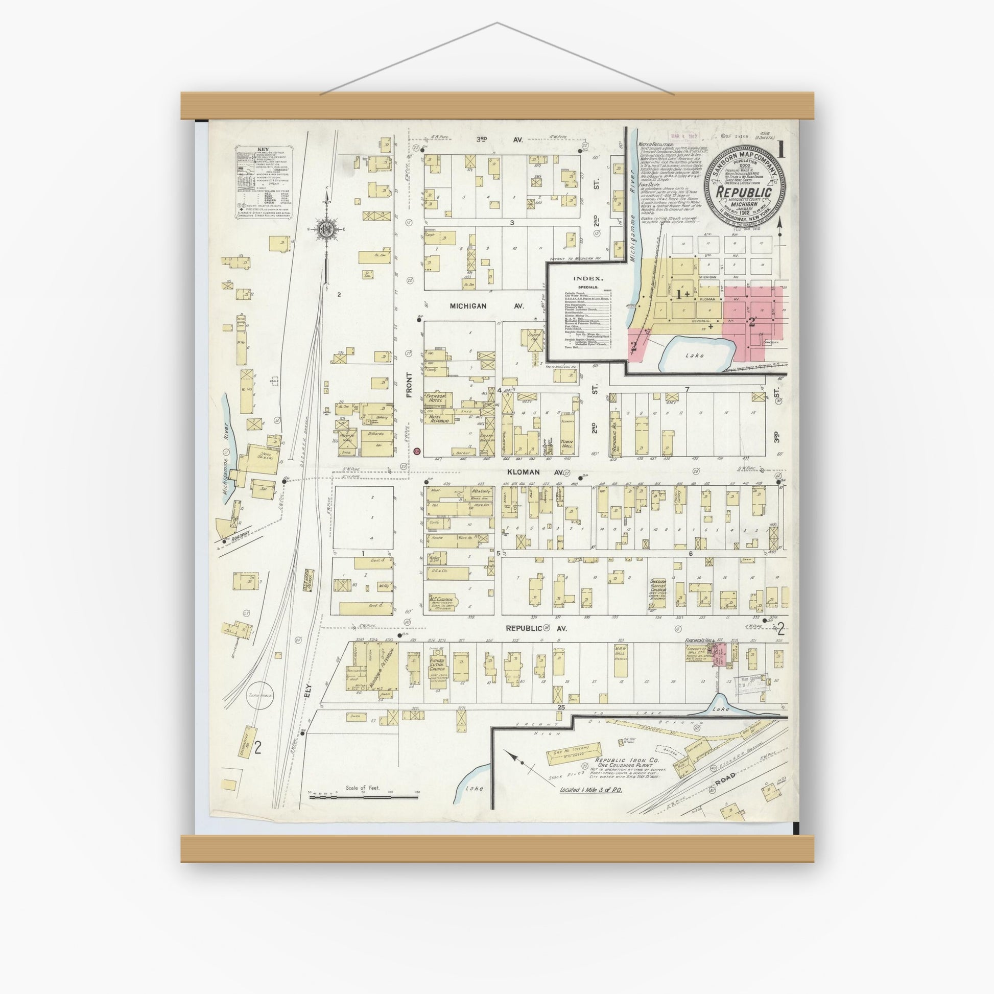Old map wall art mockup — magnetic wood frame on white wall — Sanborn Fire Insurance Map from Republic, Marquette County, Michigan (1912) - Complete Map Set