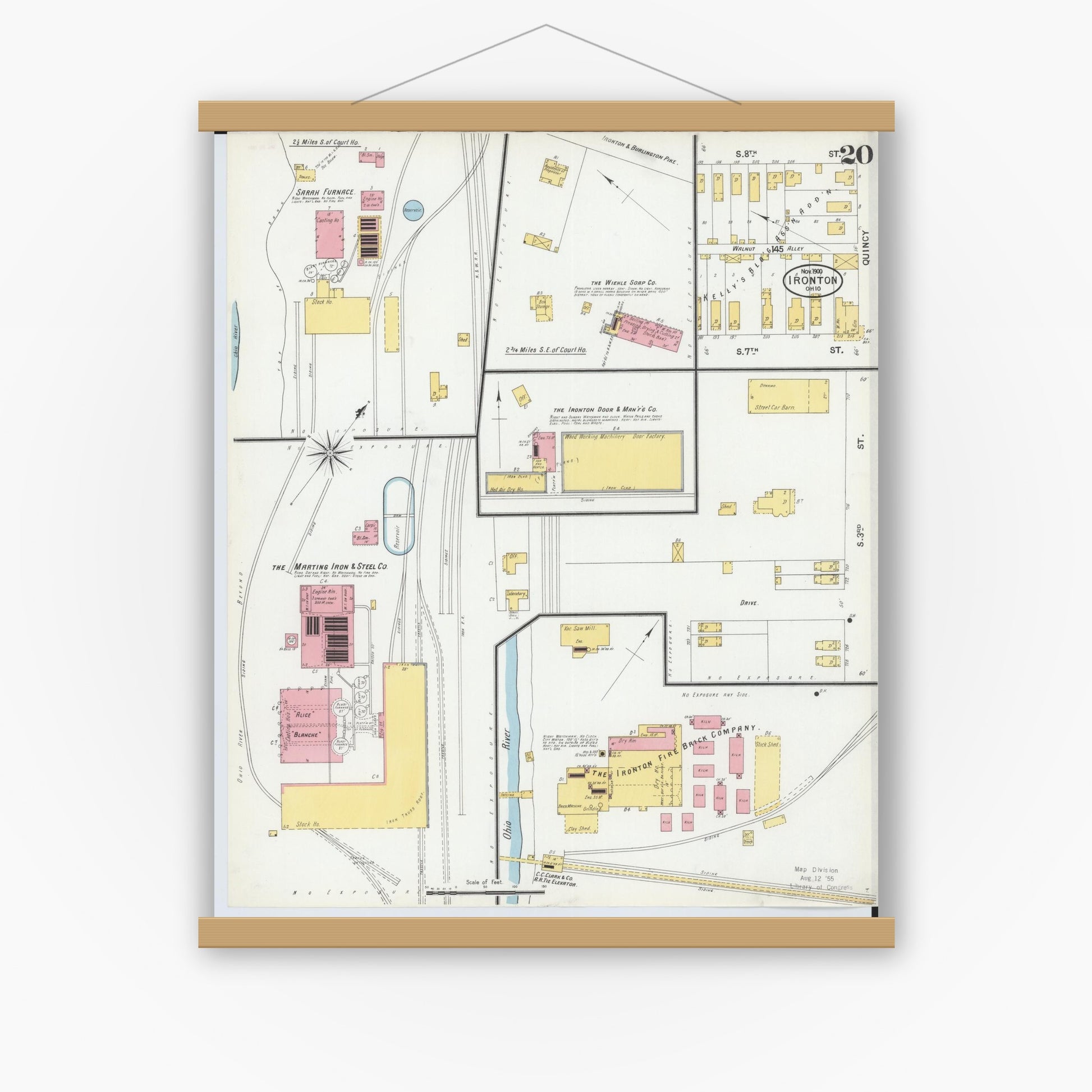 Old map wall art mockup — magnetic wood frame on white wall — Sanborn Fire Insurance Map from Ironton, Lawrence County, Ohio (1900), Sheet #0020