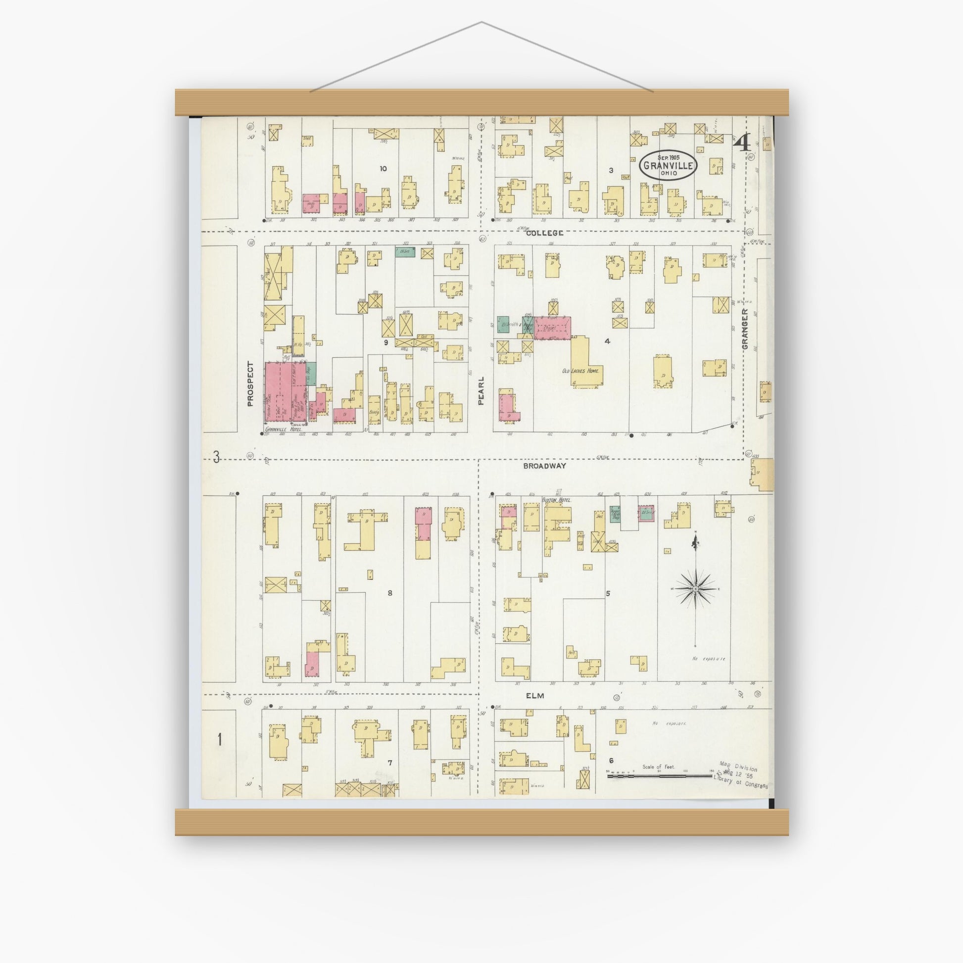 Old map wall art mockup — magnetic wood frame on white wall — Sanborn Fire Insurance Map from Granville, Licking County, Ohio (1905), Sheet #0004