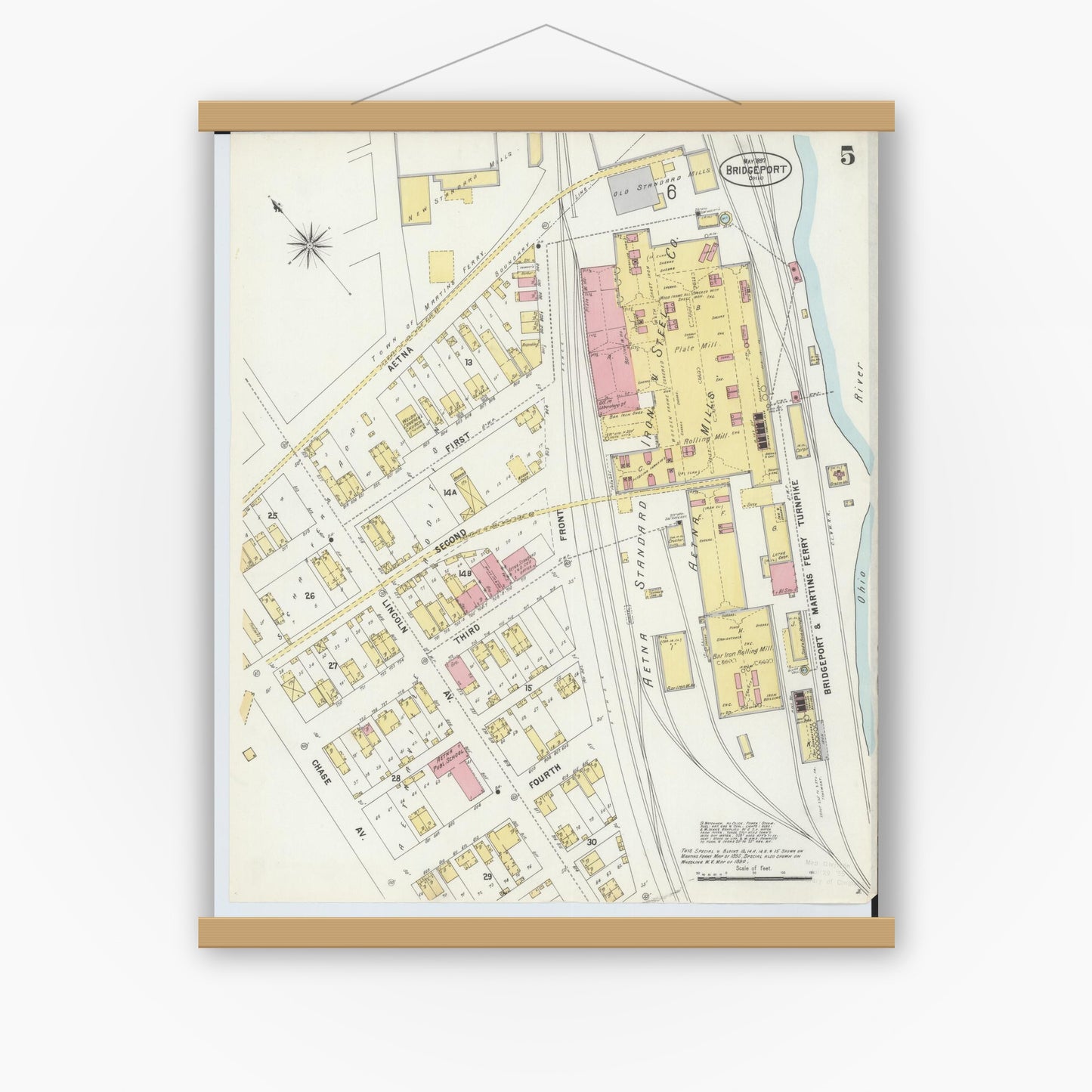 Old map wall art mockup — magnetic wood frame on white wall — Sanborn Fire Insurance Map from Bridgeport, Belmont County, Ohio (1897), Sheet #0005