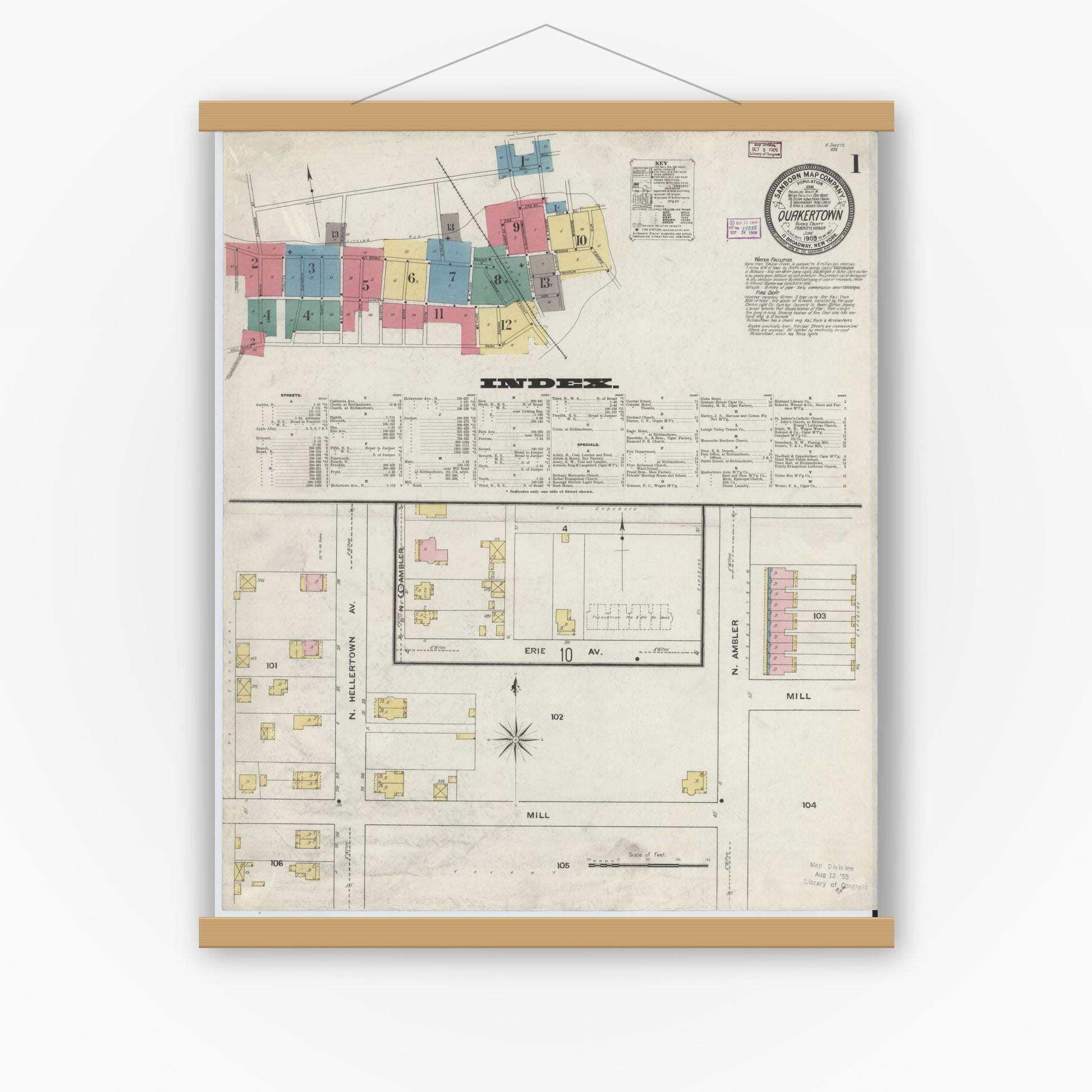 Old map wall art mockup — magnetic wood frame on white wall — Sanborn Fire Insurance Map from Quakertown, Bucks County, Pennsylvania (1909), Sheet #0001