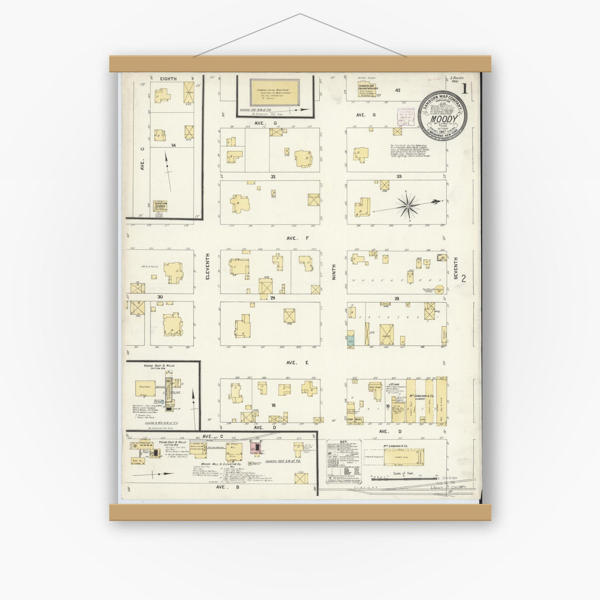 Old map wall art mockup — magnetic wood frame on white wall — Sanborn Fire Insurance Map from Moody, McLennan County, Texas (1907) - Complete Map Set
