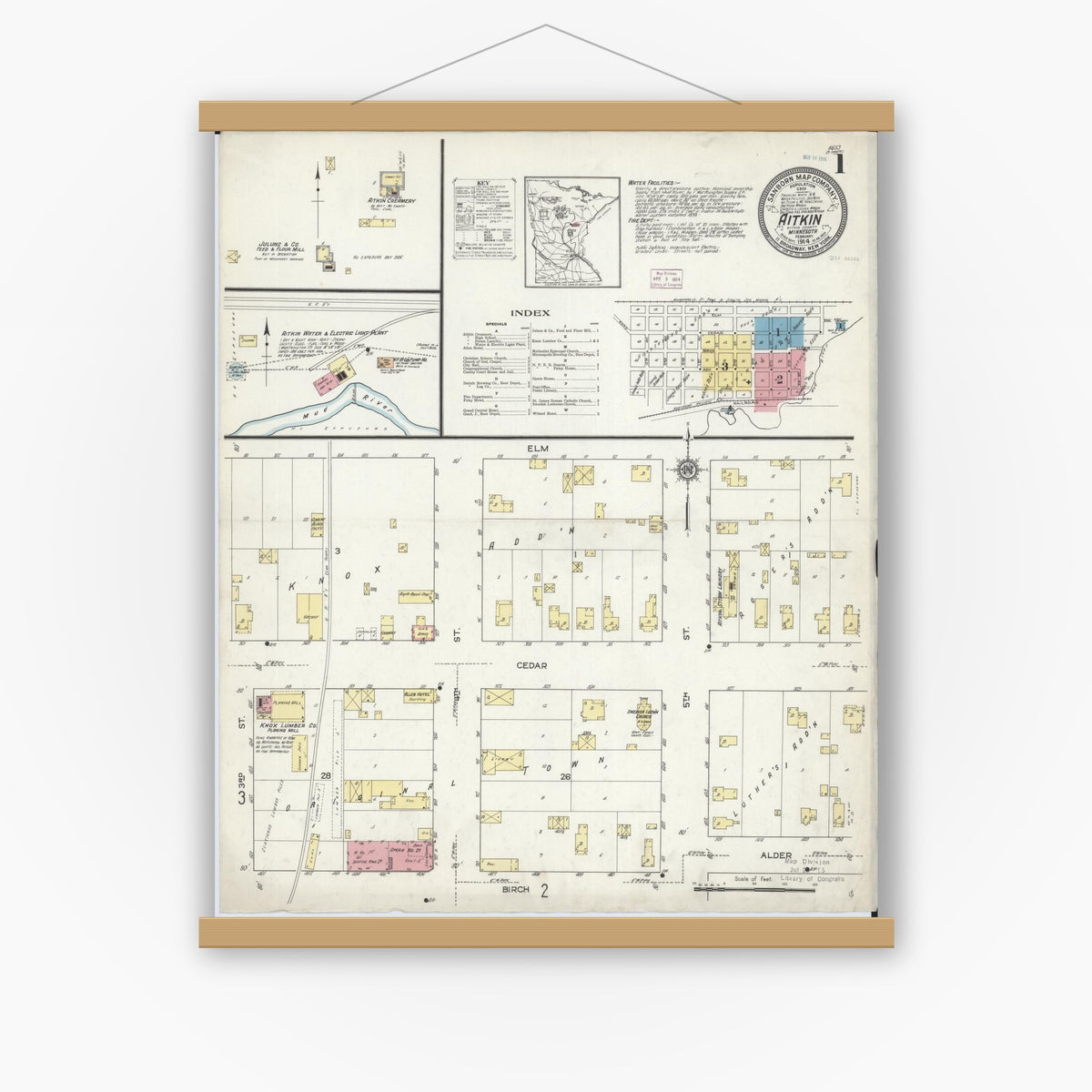 Old map wall art mockup — magnetic wood frame on white wall — Sanborn Fire Insurance Map from Aitkin, Aitkin County, Minnesota (1914) - Complete Map Set
