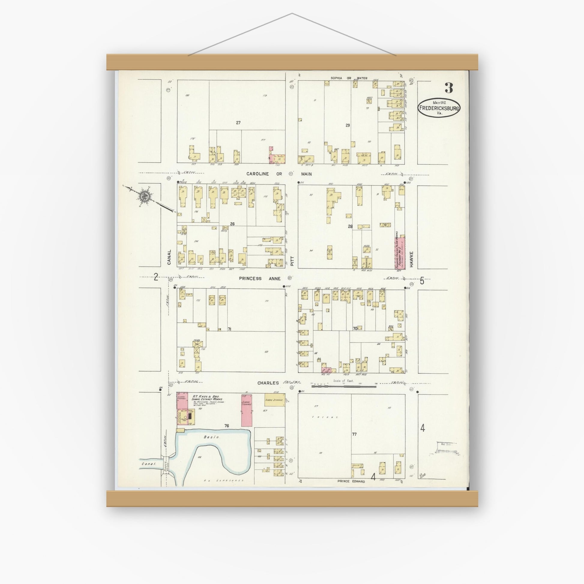 Old map wall art mockup — magnetic wood frame on white wall — Sanborn Fire Insurance Map from Fredericksburg, Independent Cities, Virginia (1912), Sheet #0003