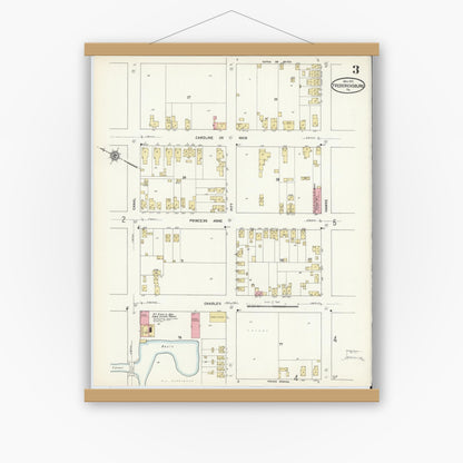 Old map wall art mockup — magnetic wood frame on white wall — Sanborn Fire Insurance Map from Fredericksburg, Independent Cities, Virginia (1912), Sheet #0003