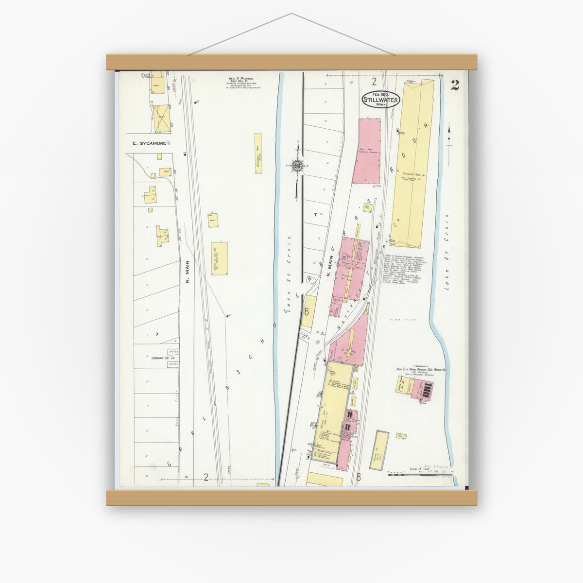 Old map wall art mockup — magnetic wood frame on white wall — Sanborn Fire Insurance Map from Stillwater, Washington County, Minnesota (1910), Sheet #0002
