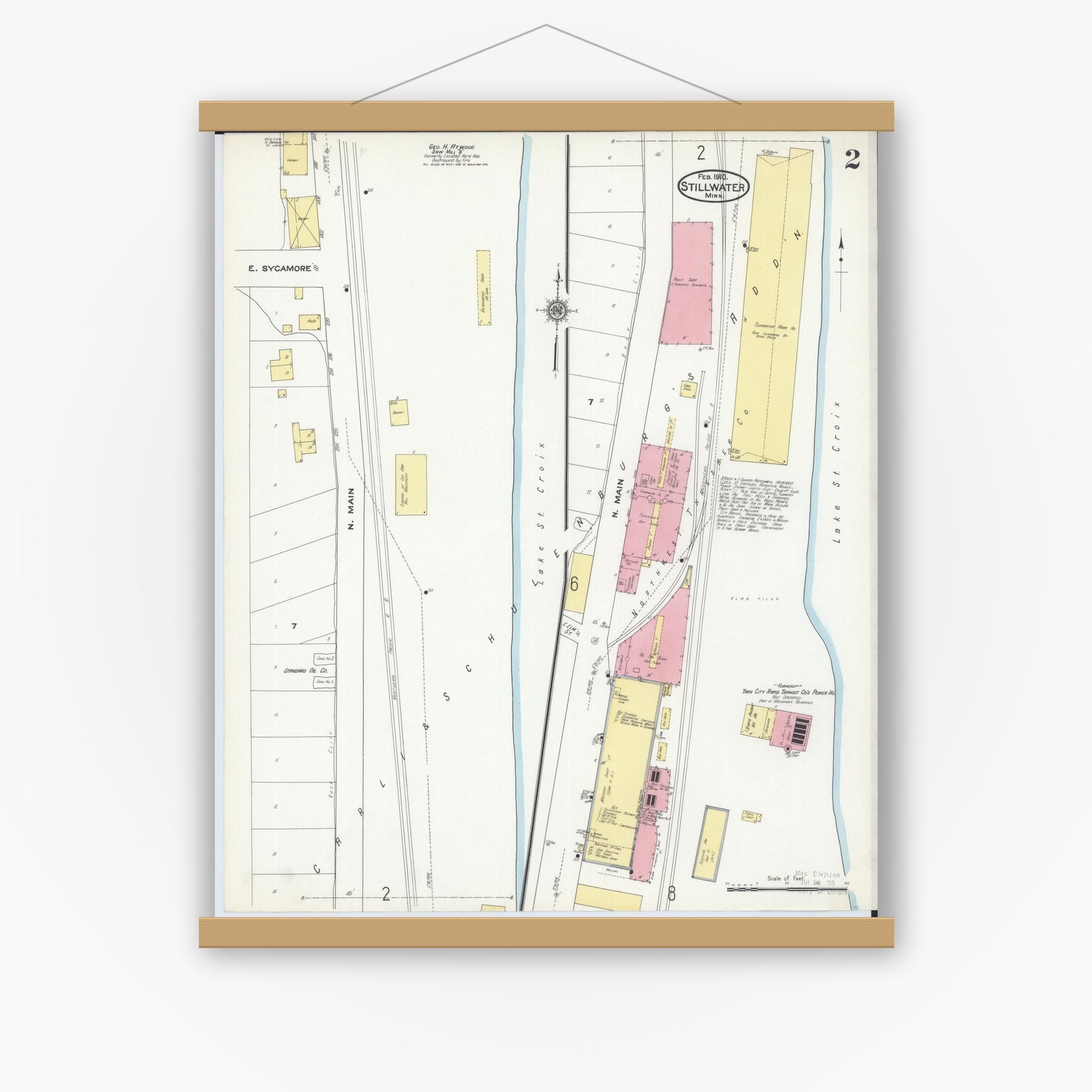 Old map wall art mockup — magnetic wood frame on white wall — Sanborn Fire Insurance Map from Stillwater, Washington County, Minnesota (1910), Sheet #0002