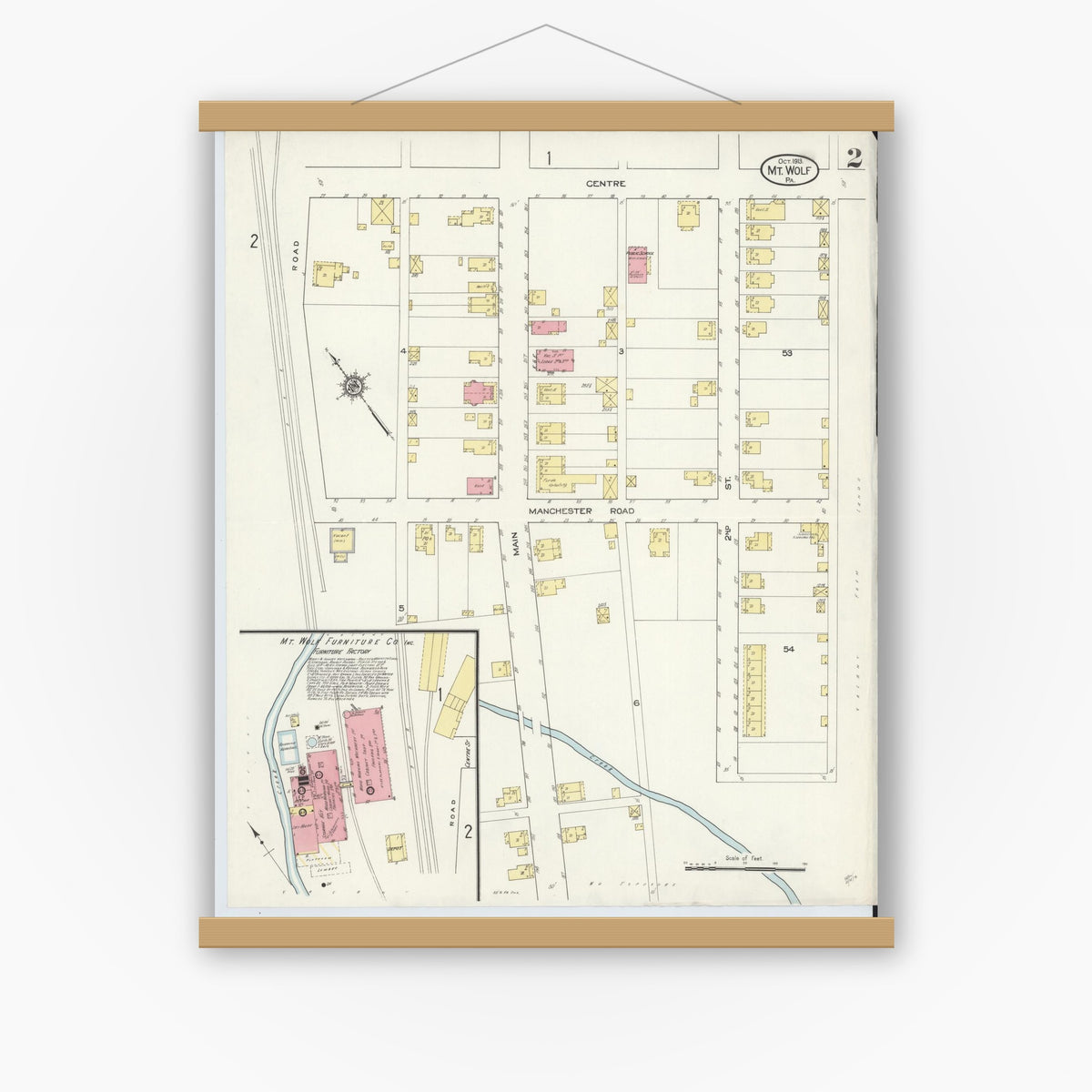 Old map wall art mockup — magnetic wood frame on white wall — Sanborn Fire Insurance Map from Mount Wolf, York County, Pennsylvania (1913), Sheet #0002