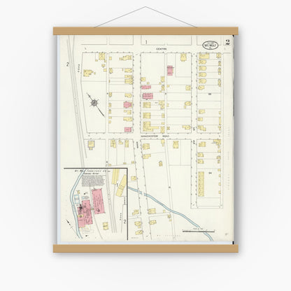 Old map wall art mockup — magnetic wood frame on white wall — Sanborn Fire Insurance Map from Mount Wolf, York County, Pennsylvania (1913), Sheet #0002