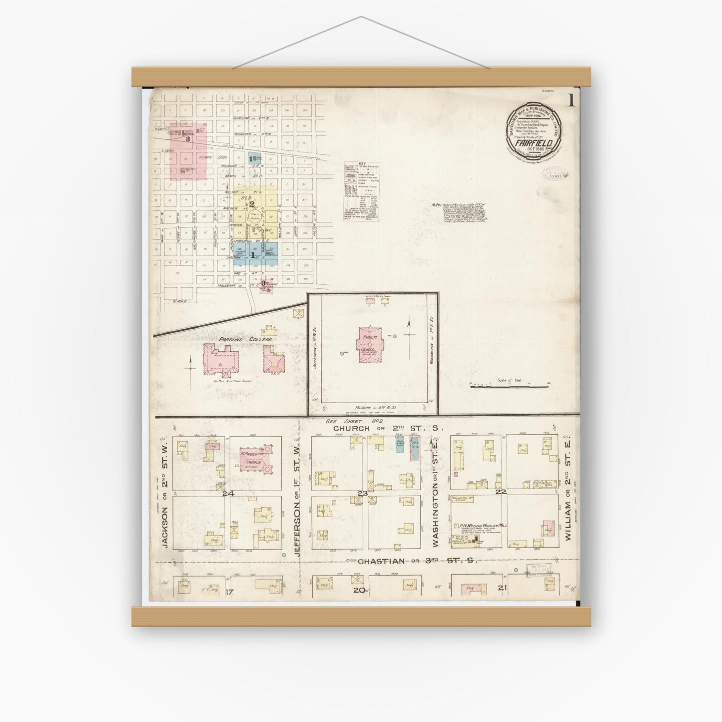 Old map wall art mockup — magnetic wood frame on white wall — Sanborn Fire Insurance Map from Fairfield, Jefferson County, Iowa (1885), Sheet #0001