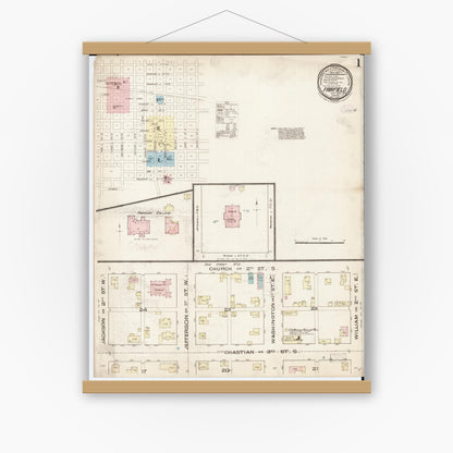 Old map wall art mockup — magnetic wood frame on white wall — Sanborn Fire Insurance Map from Fairfield, Jefferson County, Iowa (1885), Sheet #0001