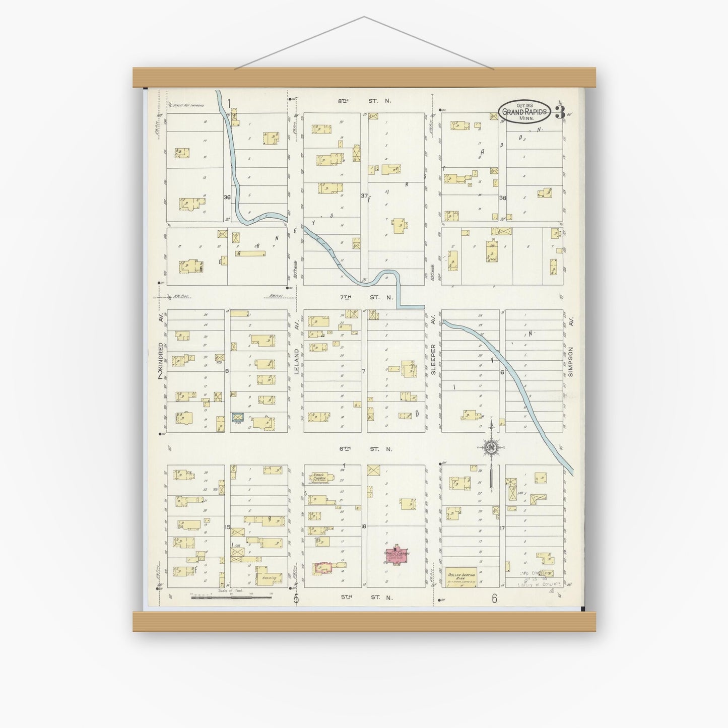 Old map wall art mockup — magnetic wood frame on white wall — Sanborn Fire Insurance Map from Grand Rapids, Itasca County, Minnesota (1913), Sheet #0003