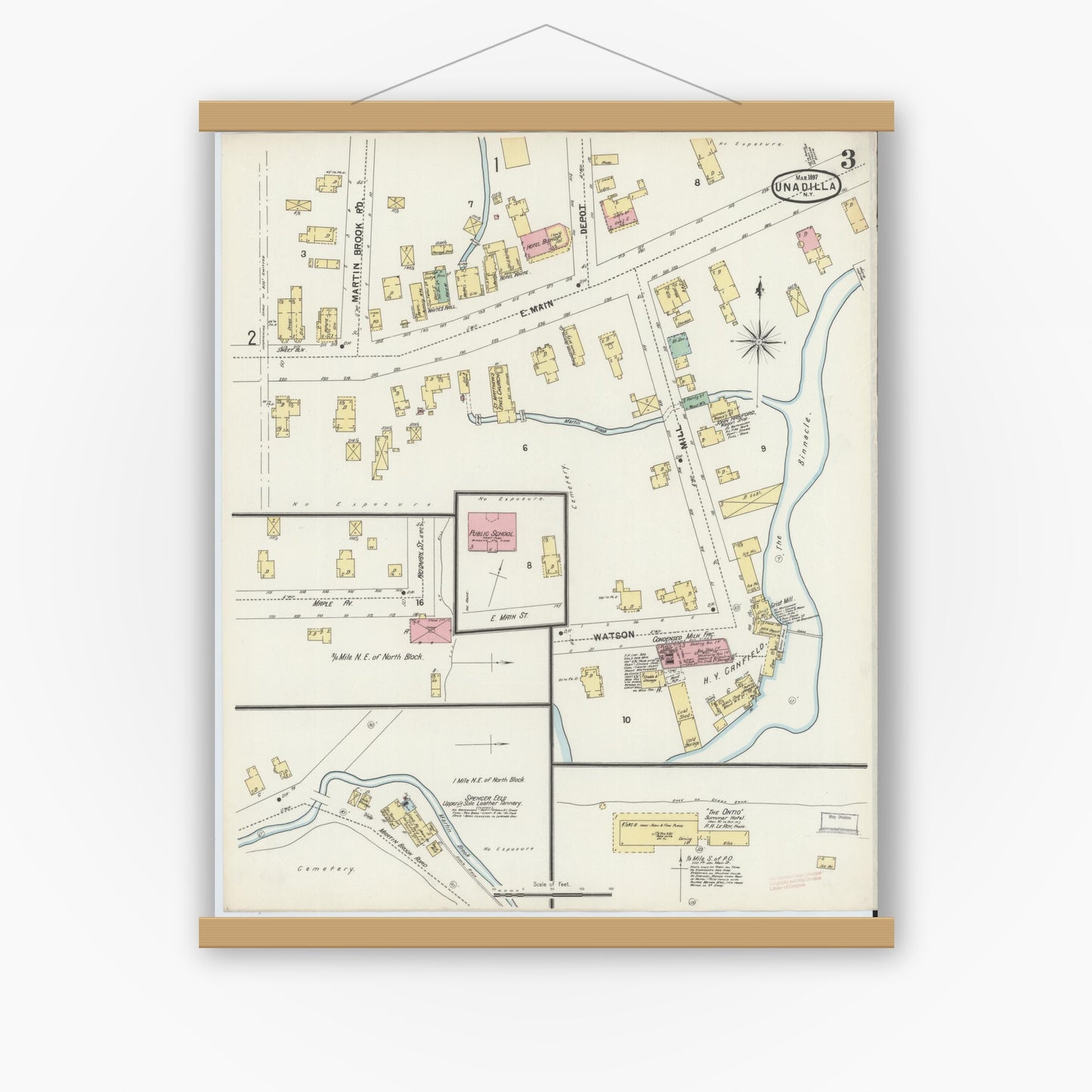 Old map wall art mockup — magnetic wood frame on white wall — Sanborn Fire Insurance Map from Unadilla, Otsego County, New York (1897), Sheet #0003