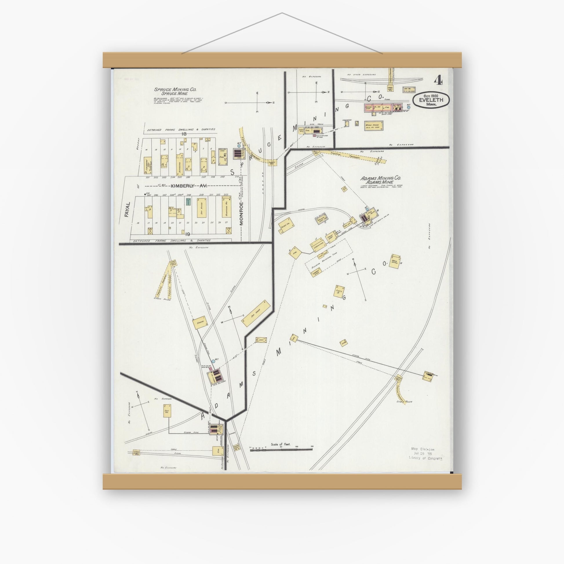 Old map wall art mockup — magnetic wood frame on white wall — Sanborn Fire Insurance Map from Eveleth, Saint Louis County, Minnesota (1900), Sheet #0004