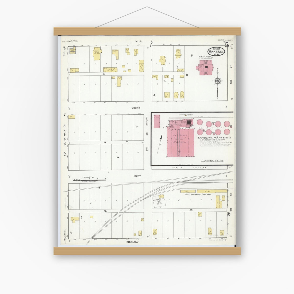 Old map wall art mockup — magnetic wood frame on white wall — Sanborn Fire Insurance Map from Winnebago, Faribault County, Minnesota (1917), Sheet #0005