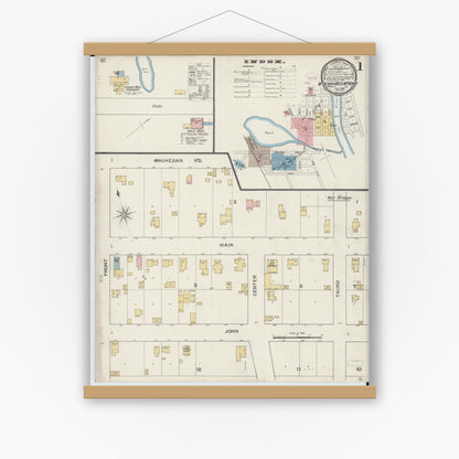 Old map wall art mockup — magnetic wood frame on white wall — Sanborn Fire Insurance Map from McHenry, McHenry County, Illinois (1893), Sheet #0001