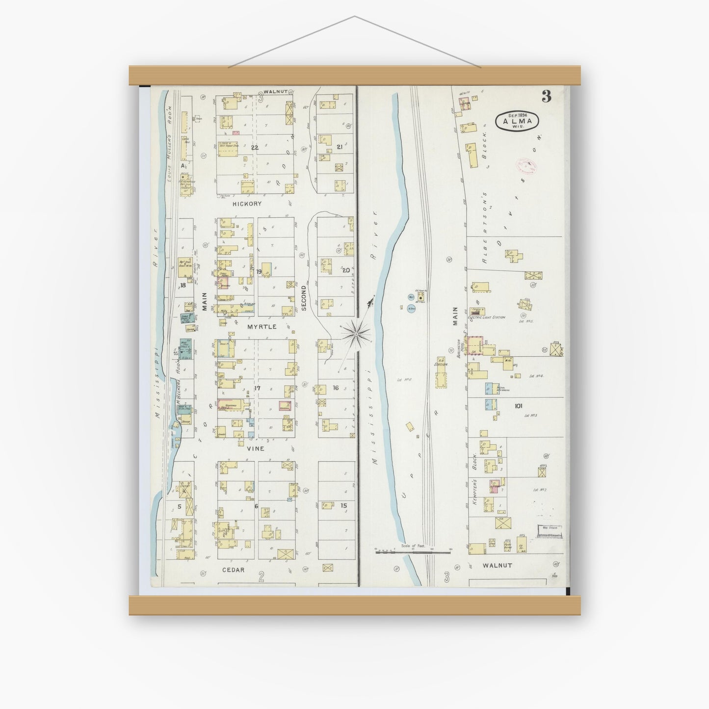 Old map wall art mockup — magnetic wood frame on white wall — Sanborn Fire Insurance Map from Alma, Buffalo County, Wisconsin (1894), Sheet #0003