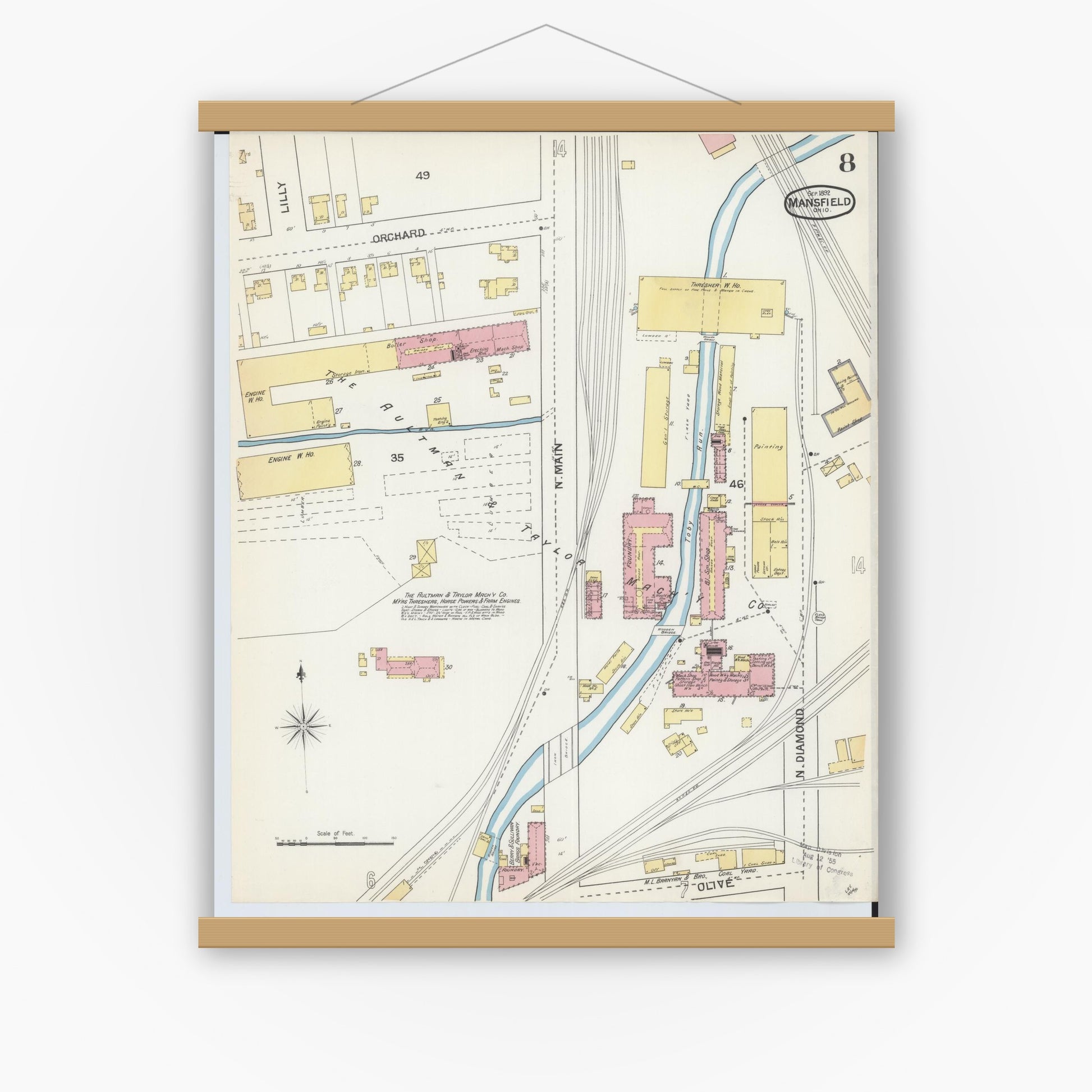 Old map wall art mockup — magnetic wood frame on white wall — Sanborn Fire Insurance Map from Mansfield, Richland County, Ohio (1892), Sheet #0008