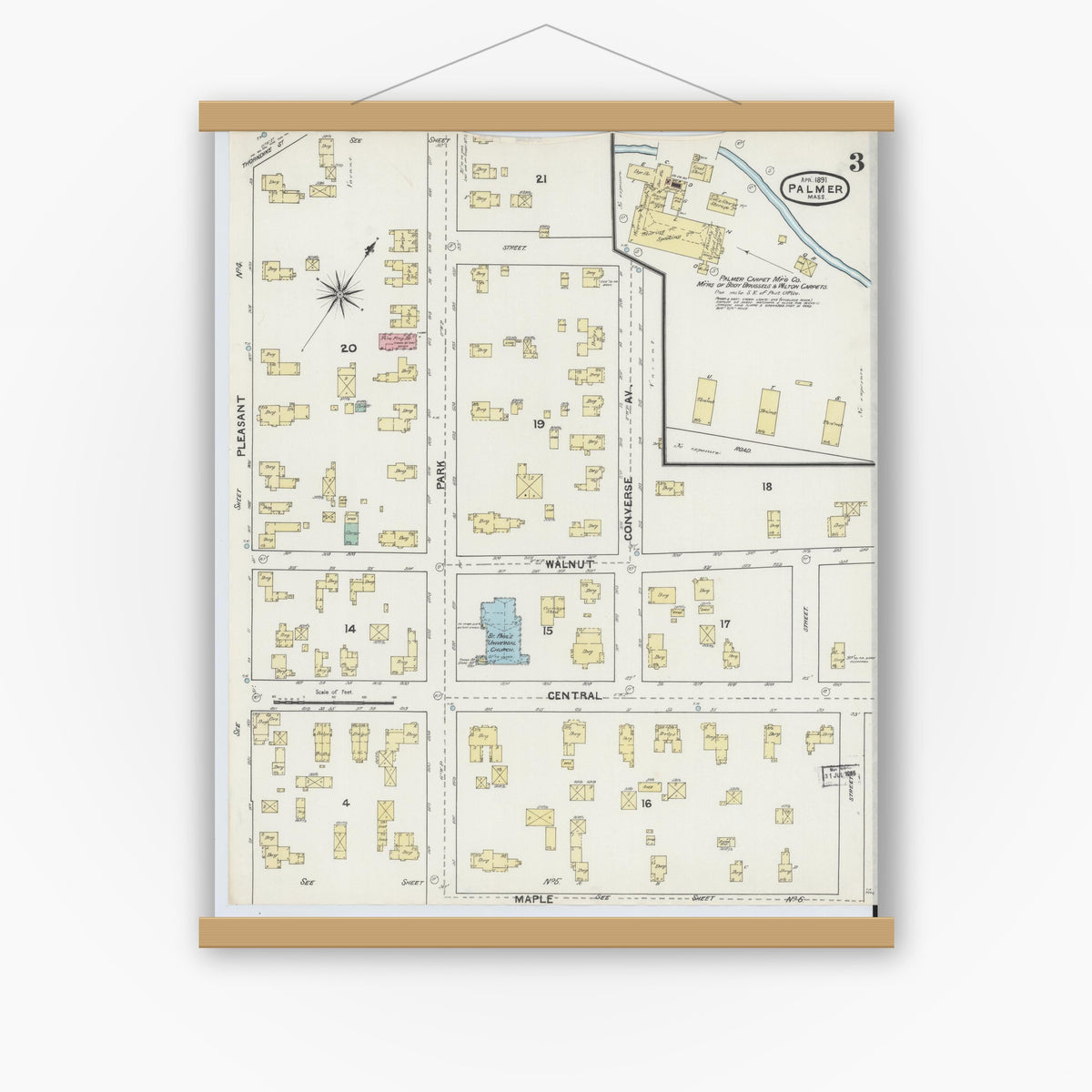 Old map wall art mockup — magnetic wood frame on white wall — Sanborn Fire Insurance Map from Palmer, Hampden County, Massachusetts (1891), Sheet #0003