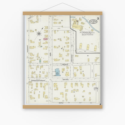 Old map wall art mockup — magnetic wood frame on white wall — Sanborn Fire Insurance Map from Palmer, Hampden County, Massachusetts (1891), Sheet #0003