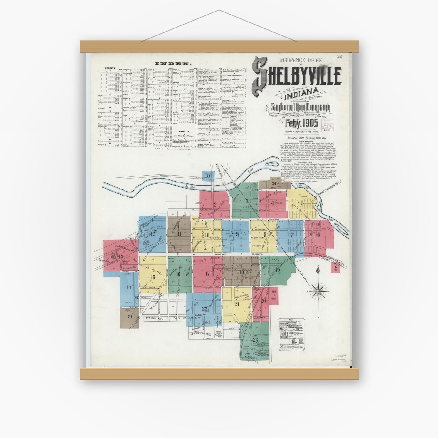 Old map wall art mockup — magnetic wood frame on white wall — Sanborn Fire Insurance Map from Shelbyville, Shelby County, Indiana (1905), Sheet #0001