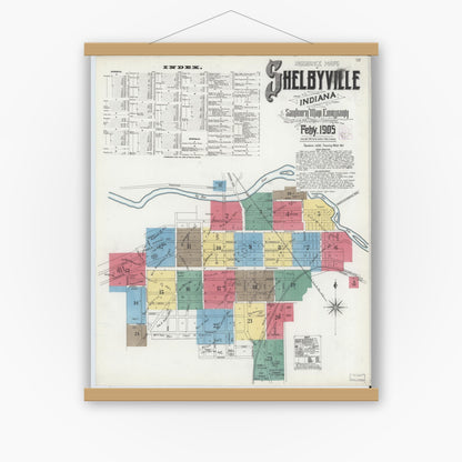 Old map wall art mockup — magnetic wood frame on white wall — Sanborn Fire Insurance Map from Shelbyville, Shelby County, Indiana (1905), Sheet #0001