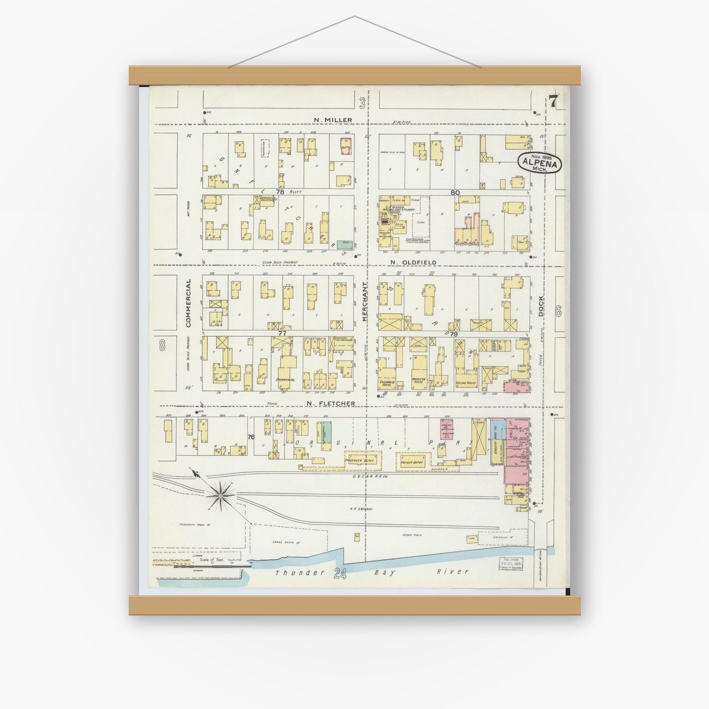 Old map wall art mockup — magnetic wood frame on white wall — Sanborn Fire Insurance Map from Alpena, Alpena County, Michigan (1895), Sheet #0007