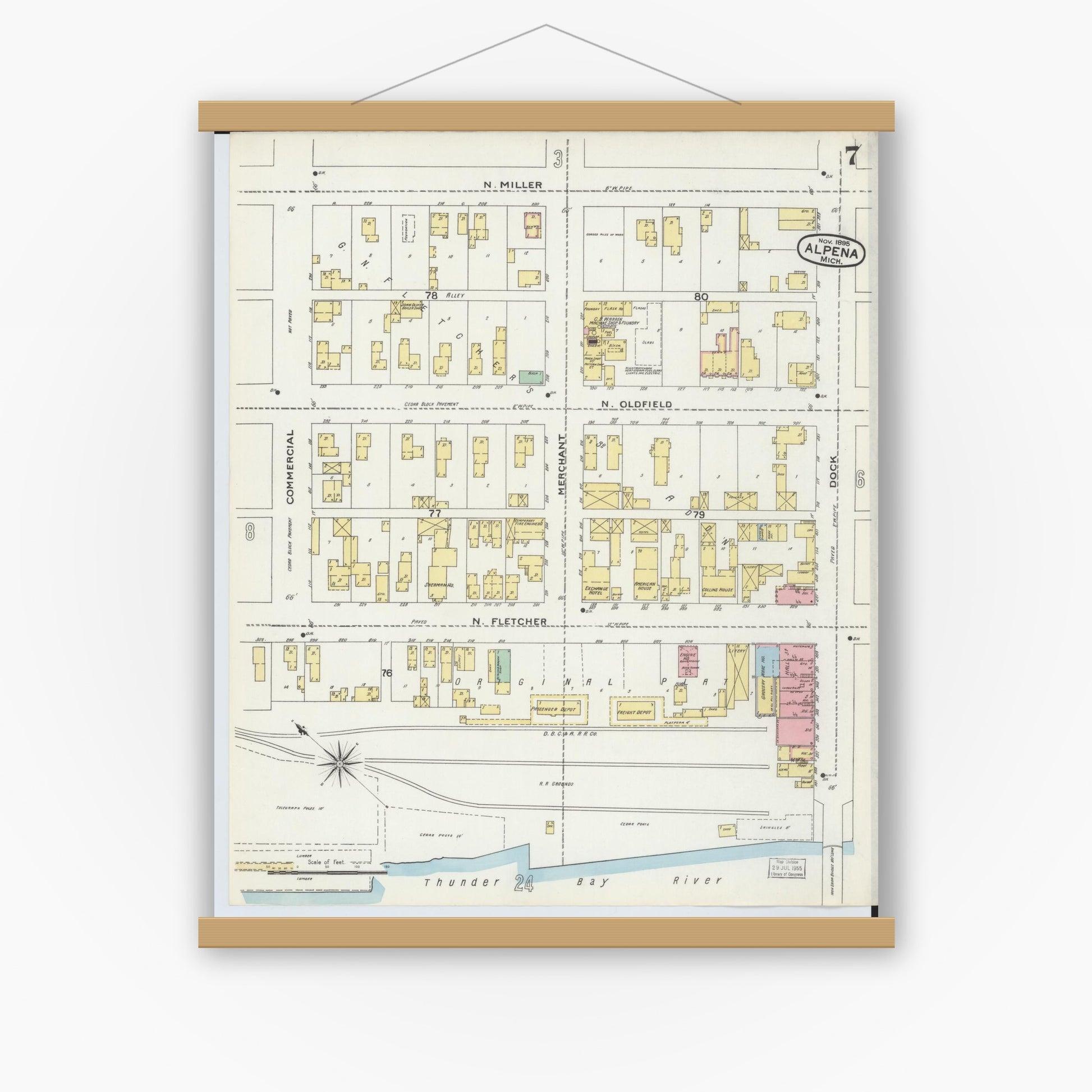Old map wall art mockup — magnetic wood frame on white wall — Sanborn Fire Insurance Map from Alpena, Alpena County, Michigan (1895), Sheet #0007